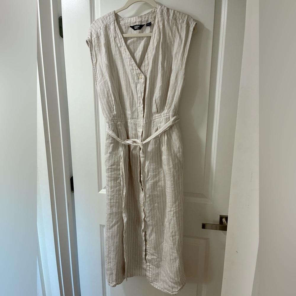 Sleeveless stripes summer linen Dress with Belt